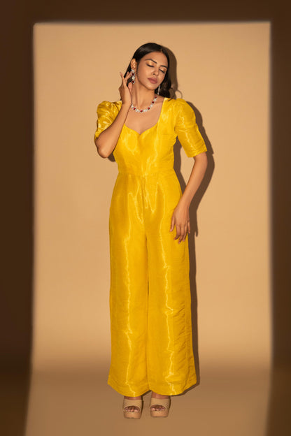 Yellow Cosmo Silk Bow-Tie Jumpsuit
