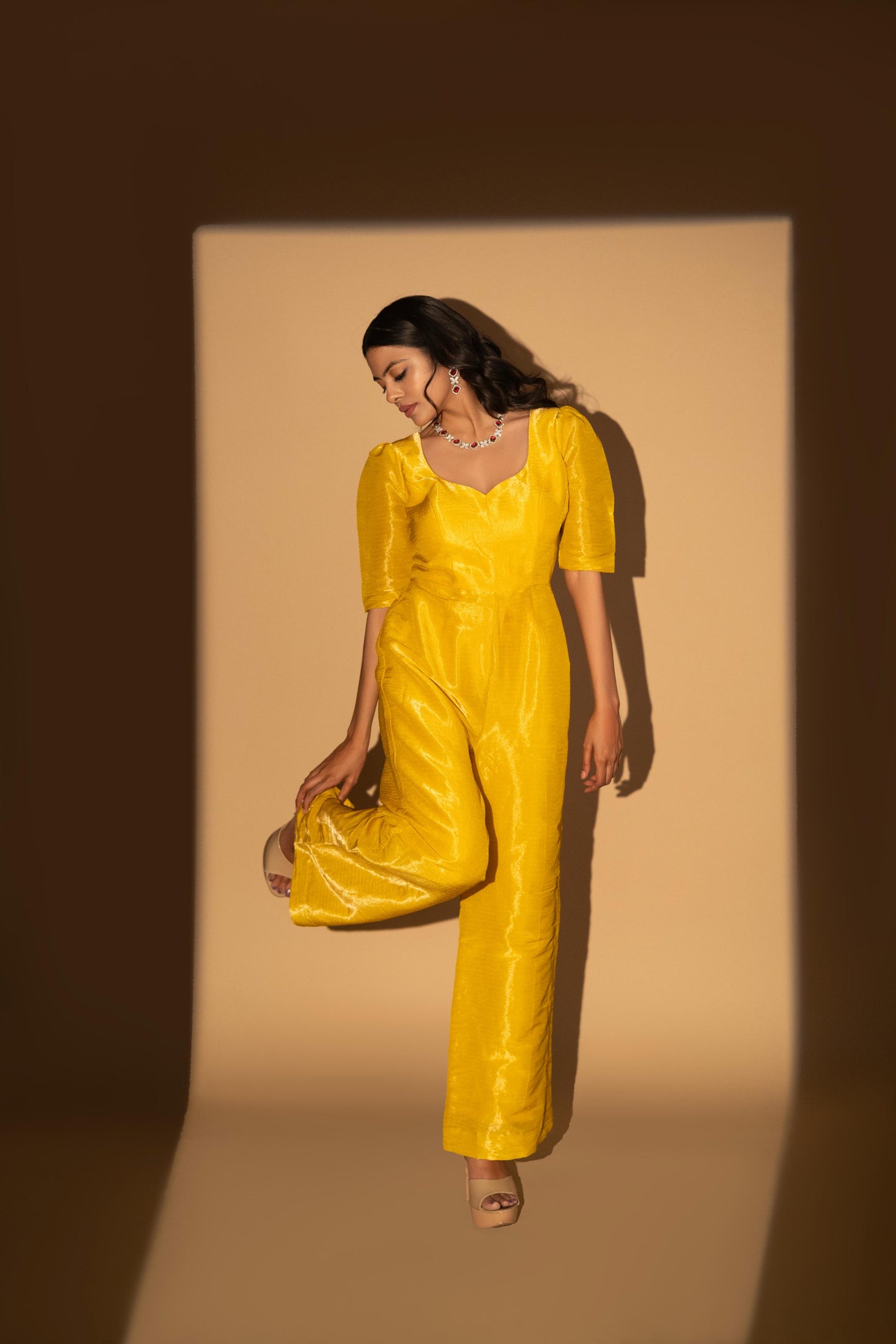Yellow Cosmo Silk Bow-Tie Jumpsuit