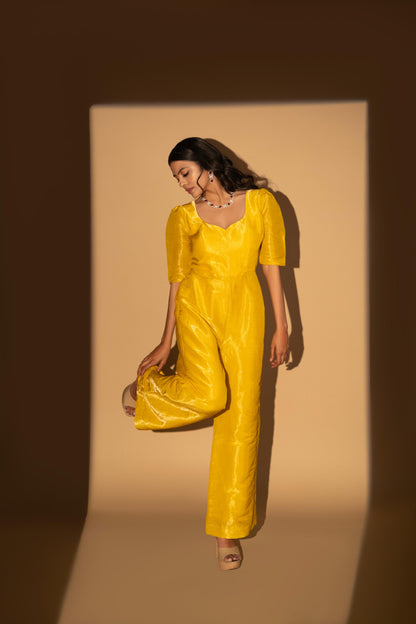 Yellow Cosmo Silk Bow-Tie Jumpsuit