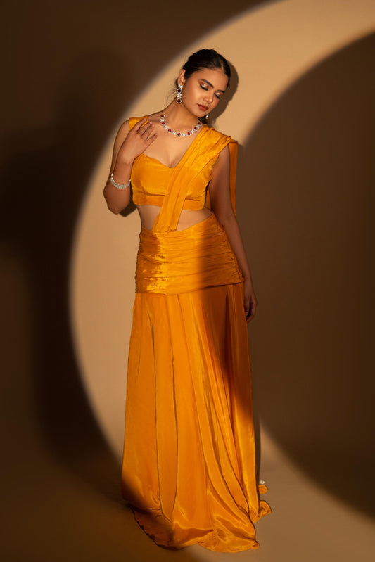Mustard Crepe Drape Saree