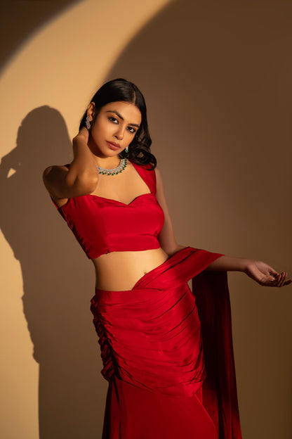Red Crepe Drape Saree
