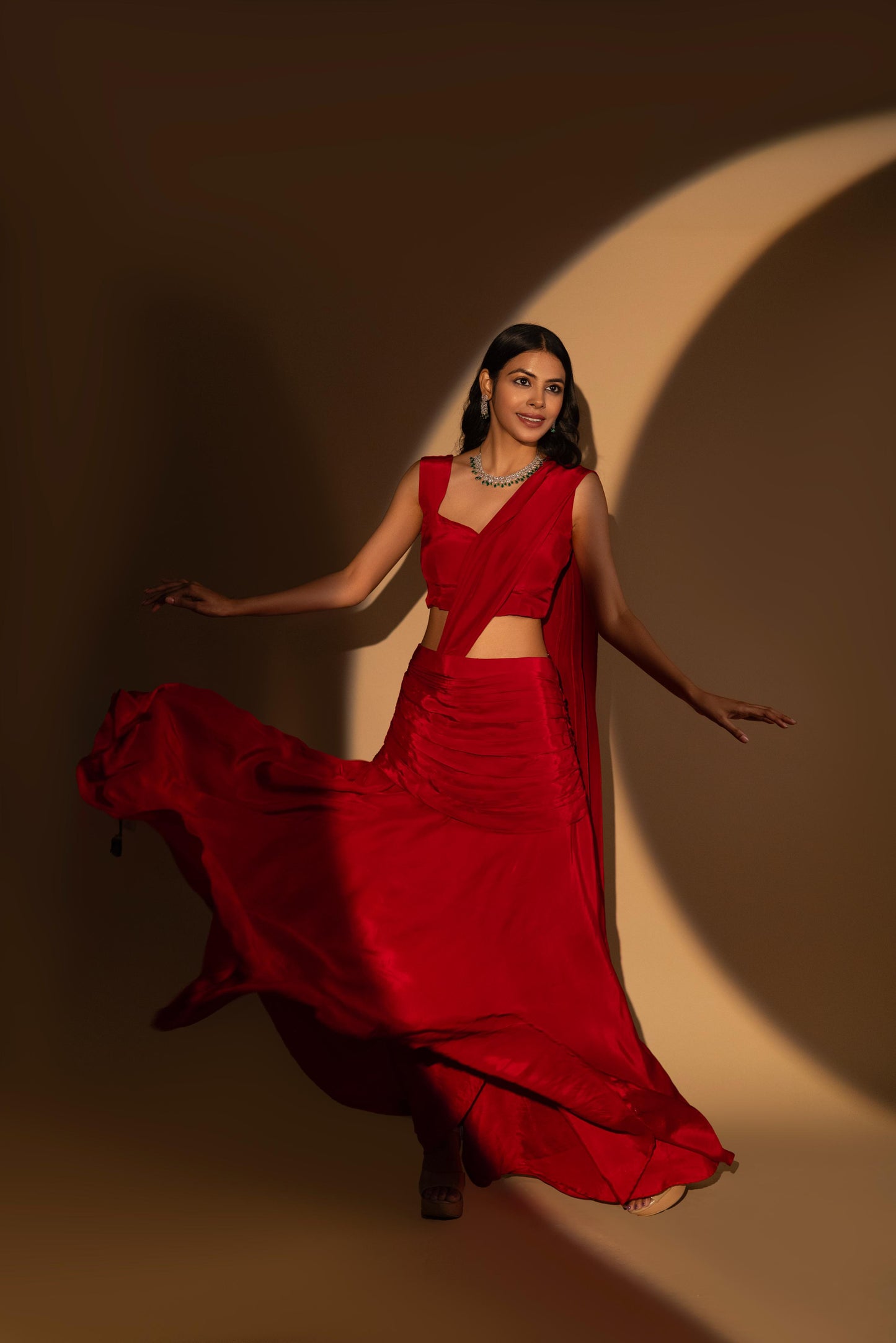 Red Crepe Drape Saree