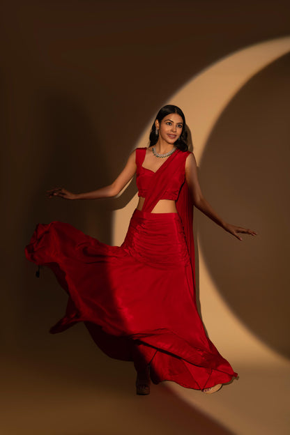 Red Crepe Drape Saree