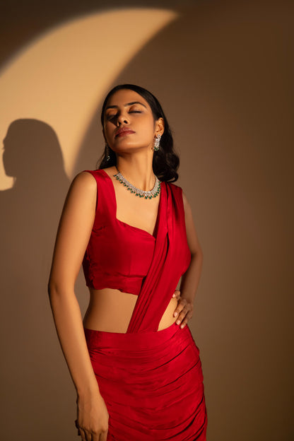 Red Crepe Drape Saree