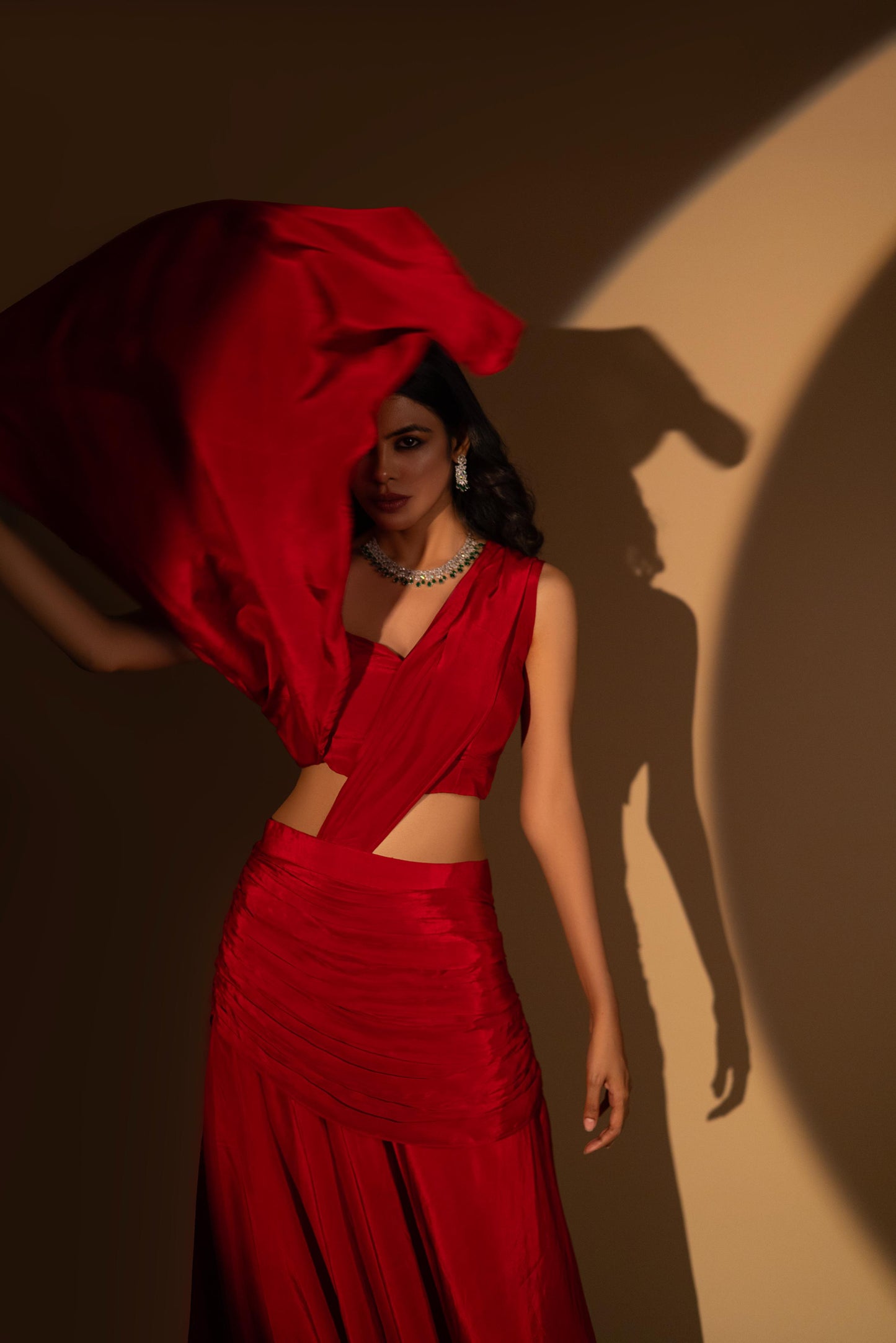 Red Crepe Drape Saree