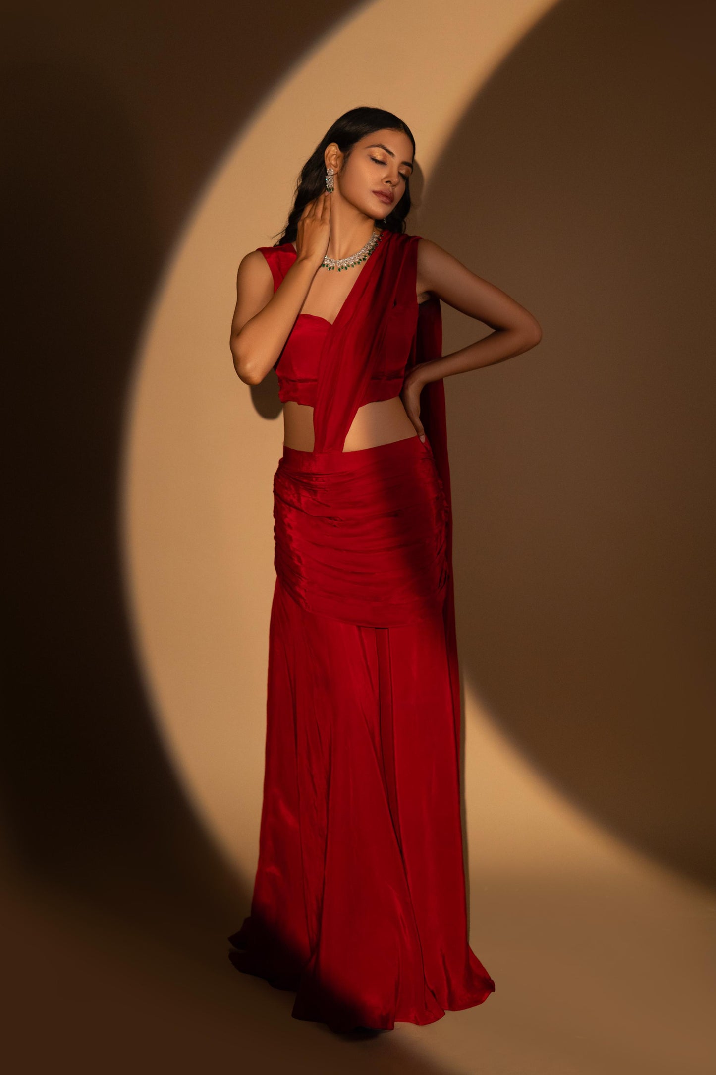 Red Crepe Drape Saree