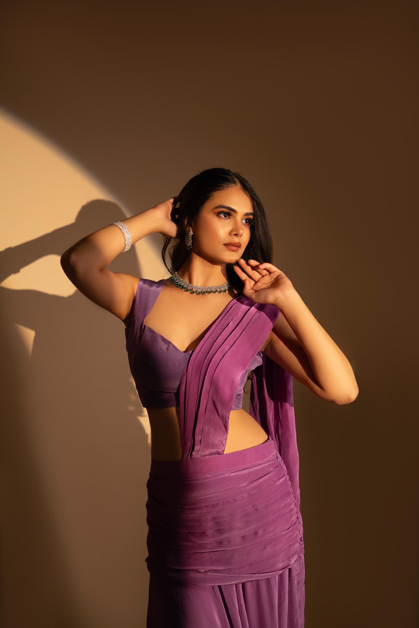 Purple Crepe Drape Saree