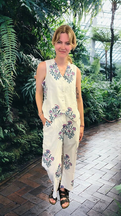 White Mughal Print Sleeveless Waistcoat Blazer & Pants