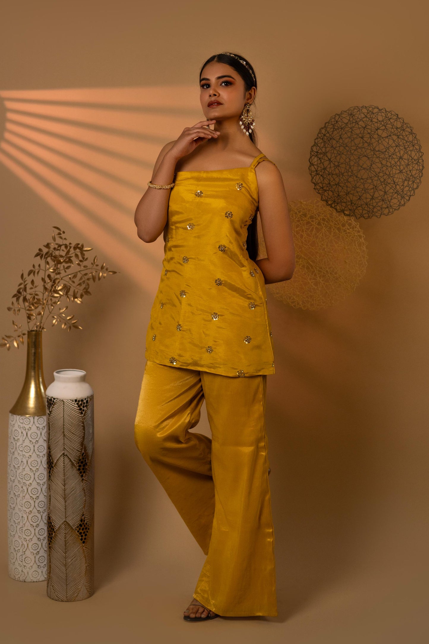 Mustard Yellow Side Line Hand-embroidered Co-Ord Set