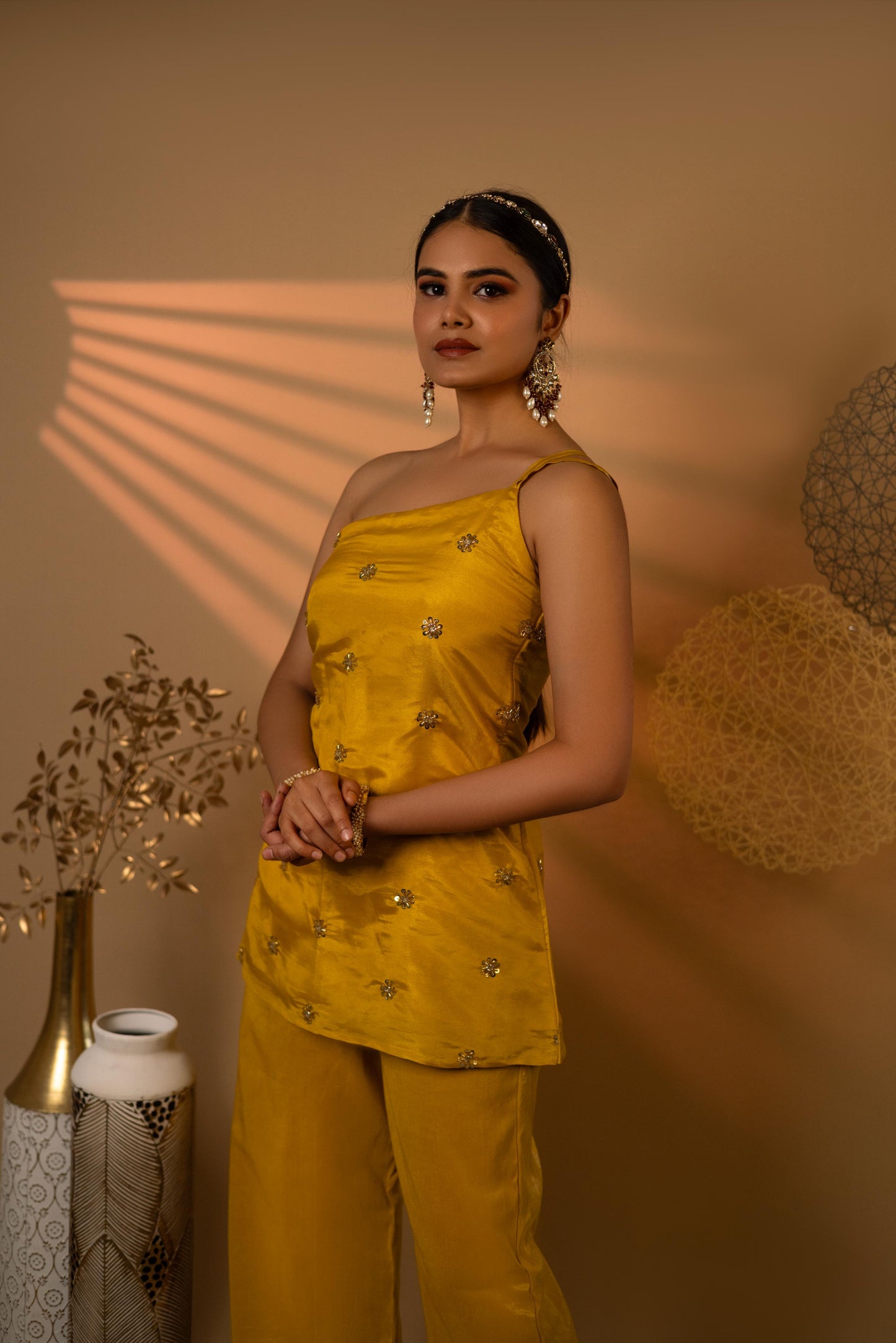 Mustard Yellow Side Line Hand-embroidered Co-Ord Set