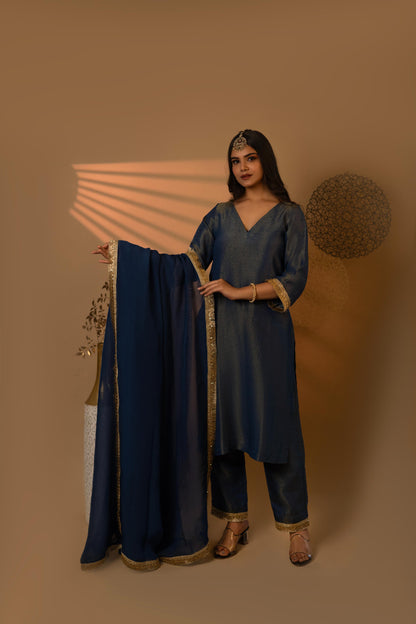 Navy Vee Fit Cosmosilk Kurta Set