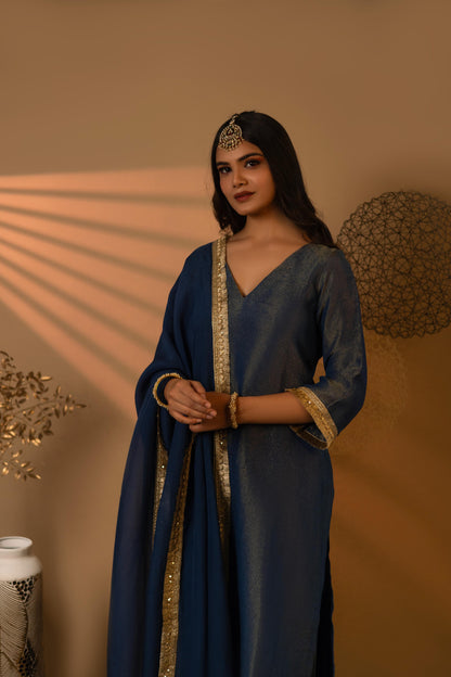 Navy Vee Fit Cosmosilk Kurta Set