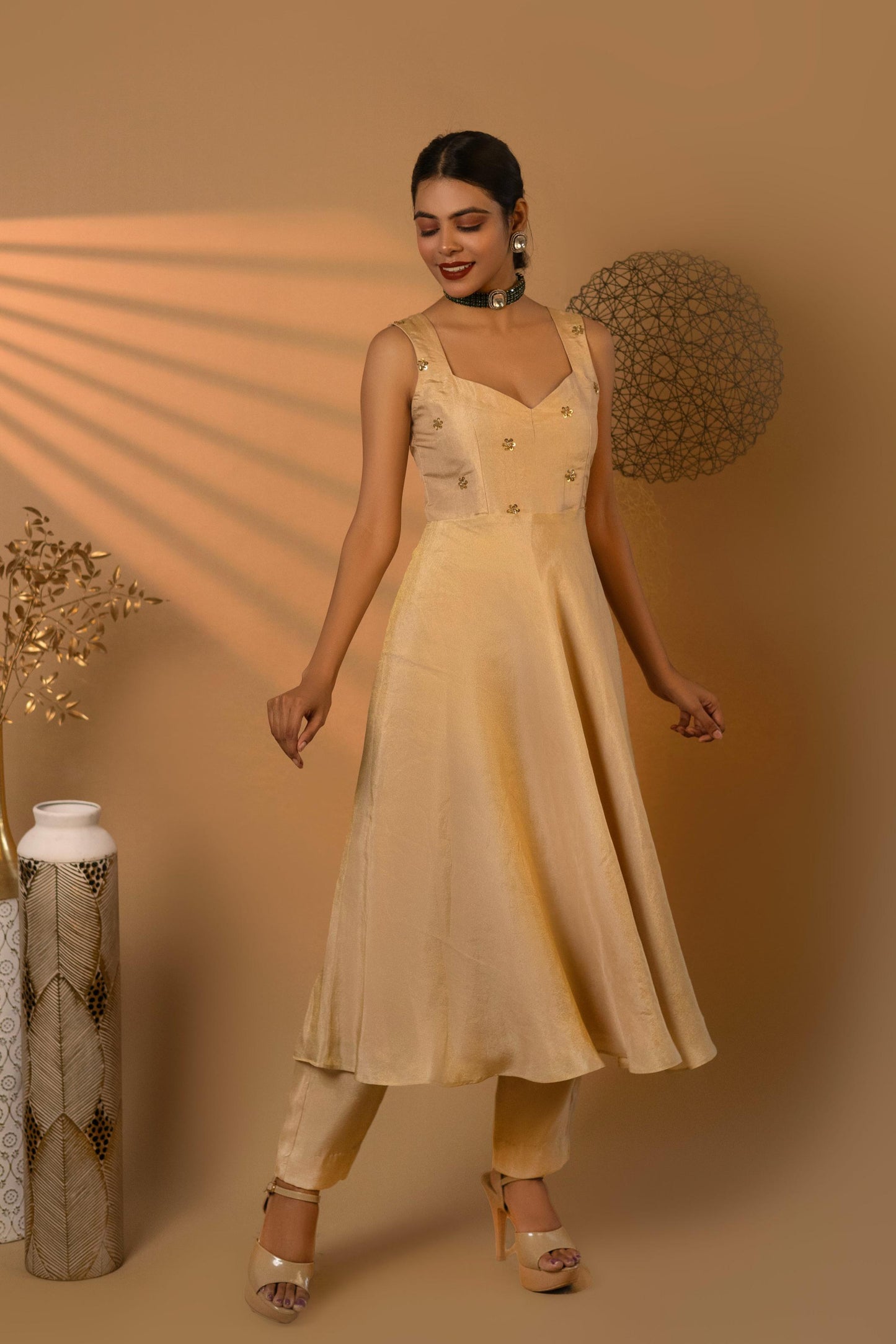 Beige Swirl Embroidered Kurta Set