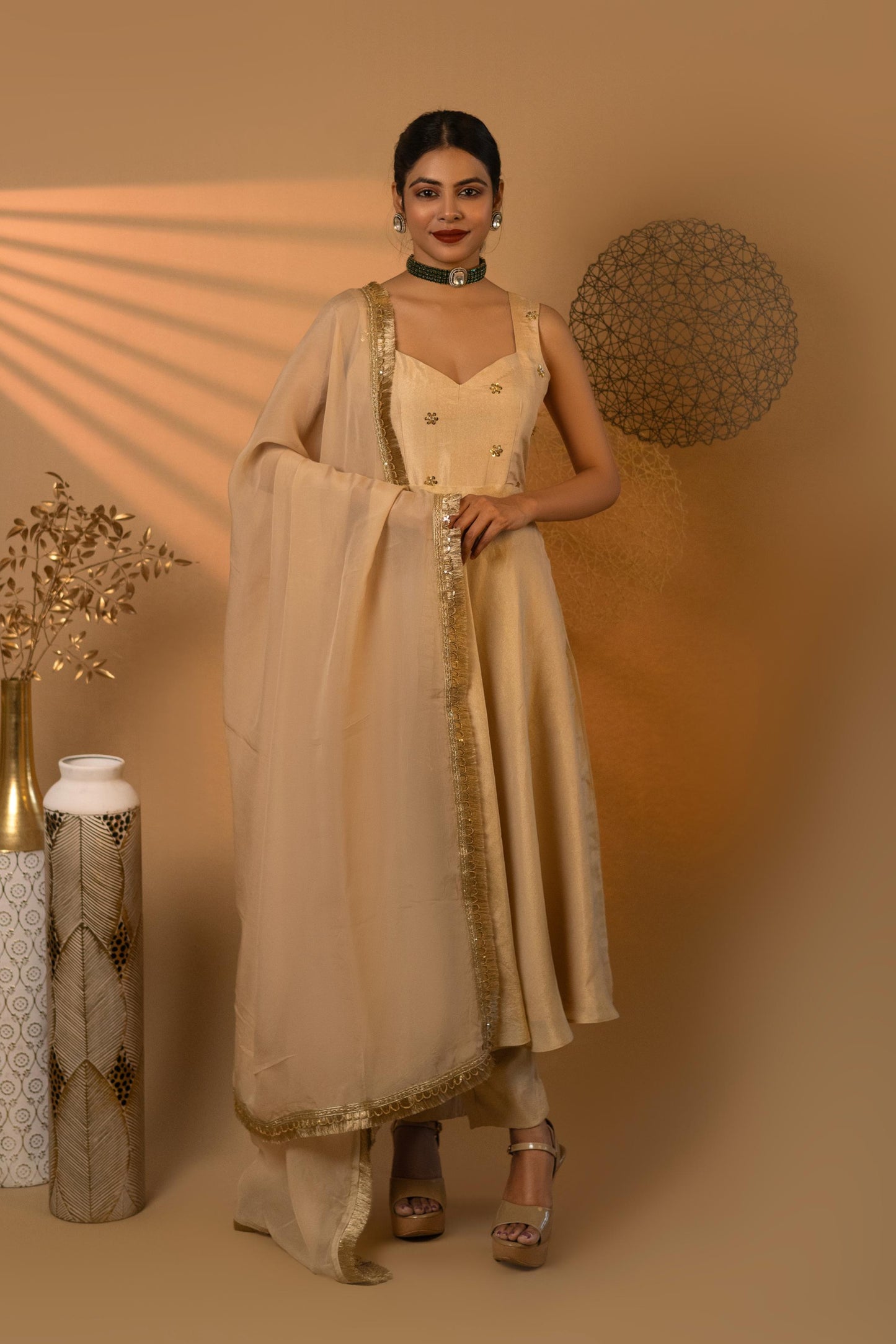 Beige Swirl Embroidered Kurta Set