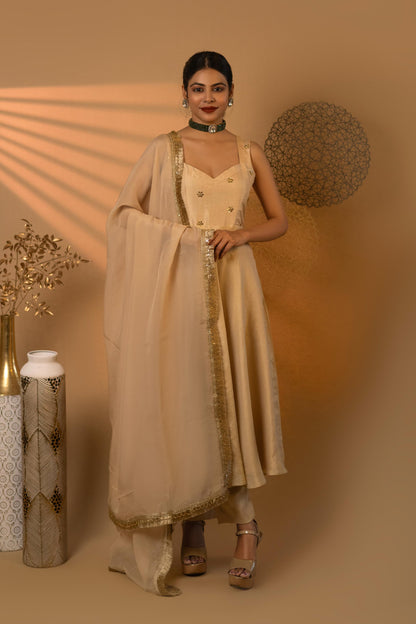 Beige Swirl Embroidered Kurta Set