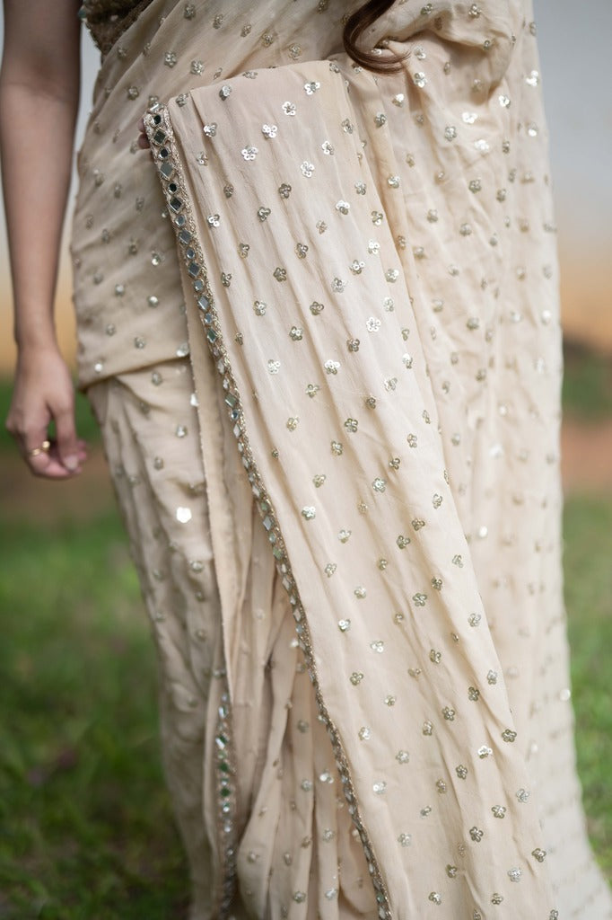 Gold Mirror Work Pre-stiched Georgette Saree