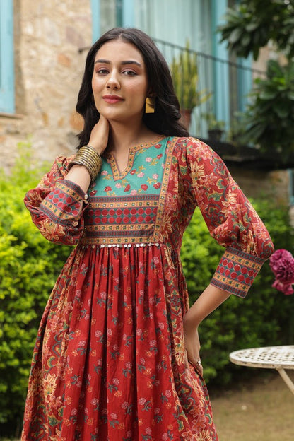 Red Cotton Printed Kurti Dress