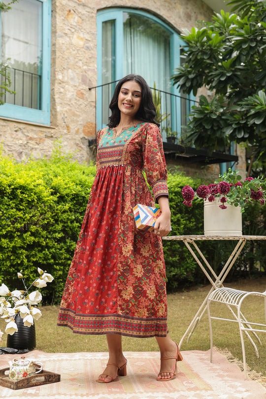 Red Cotton Printed Kurti Dress