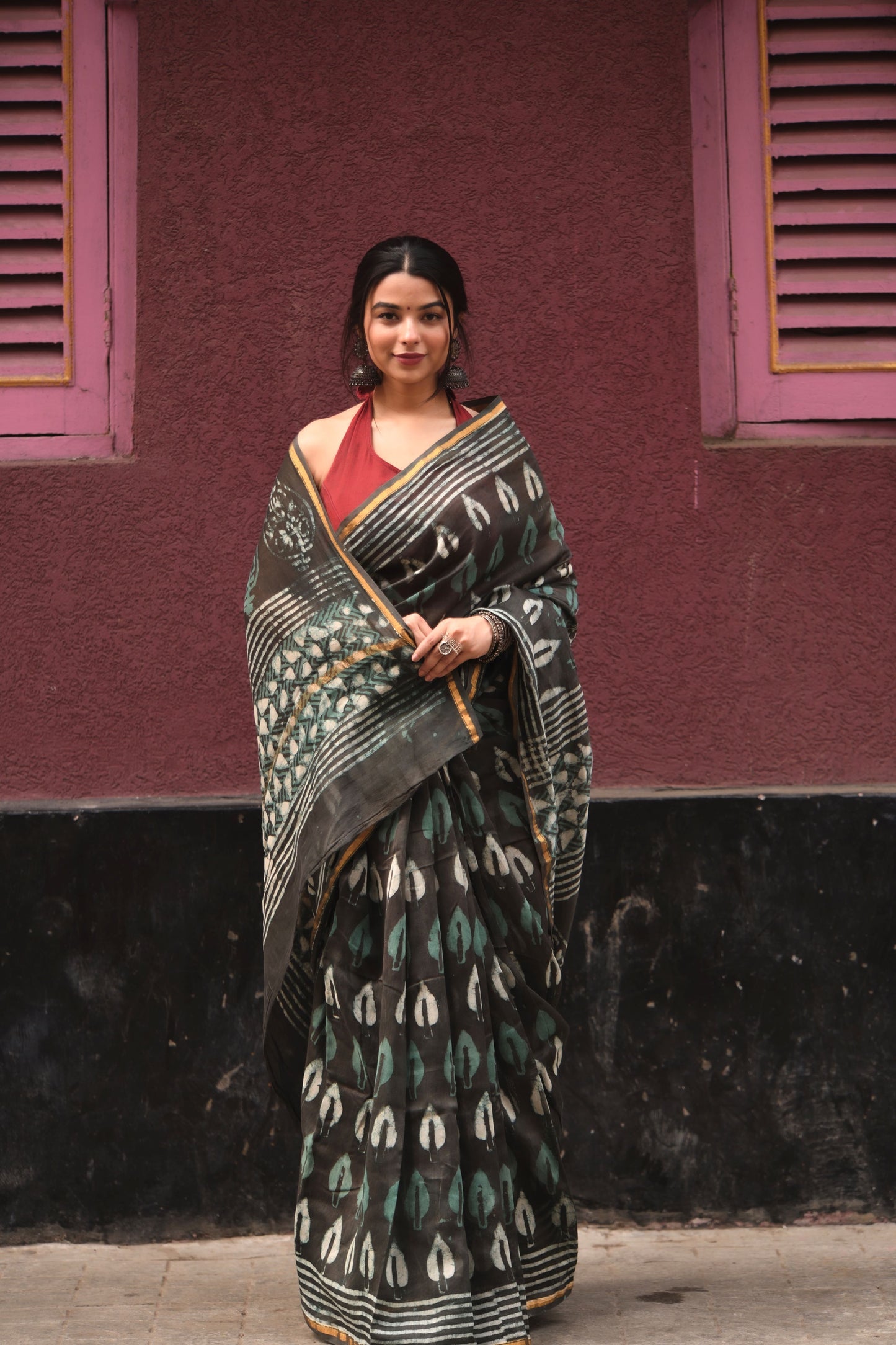 Grey & Green - Hand Block Print Chanderi Silk Bagru Saree