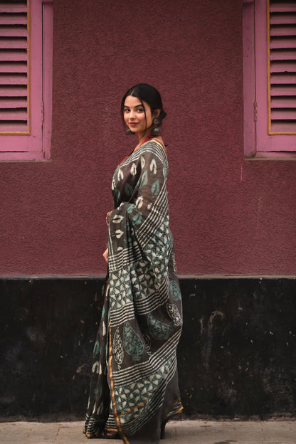 Grey & Green - Hand Block Print Chanderi Silk Bagru Saree