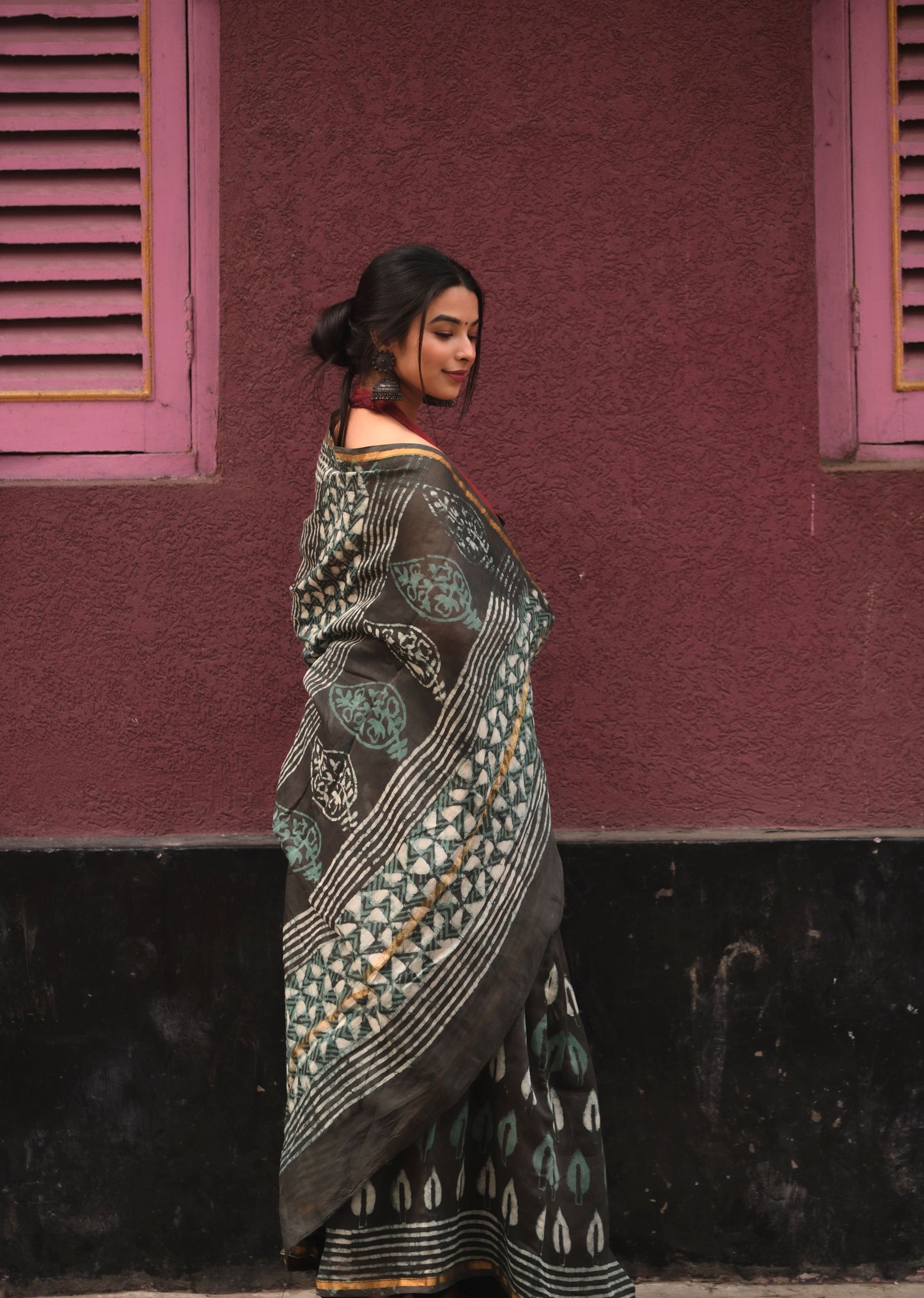 Grey & Green - Hand Block Print Chanderi Silk Bagru Saree