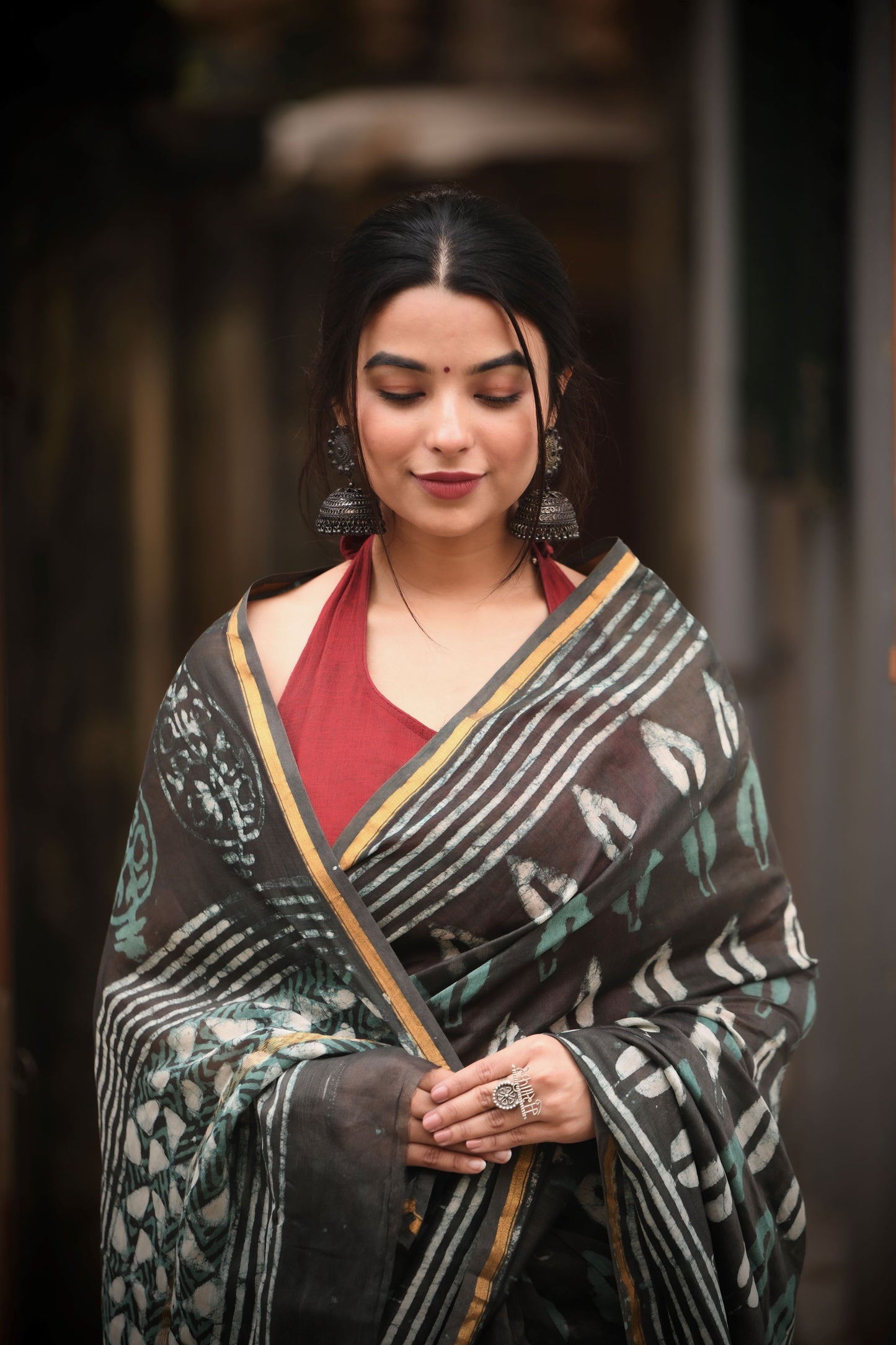 Grey & Green - Hand Block Print Chanderi Silk Bagru Saree