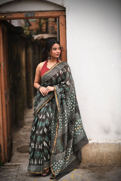 Grey & Green - Hand Block Print Chanderi Silk Bagru Saree