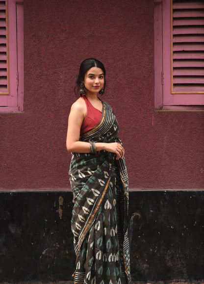 Grey & Green - Hand Block Print Chanderi Silk Bagru Saree