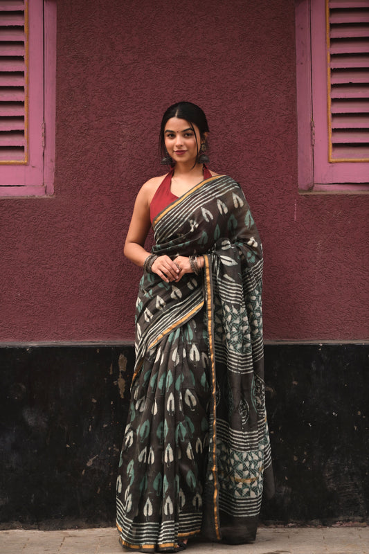 Grey & Green - Hand Block Print Chanderi Silk Bagru Saree