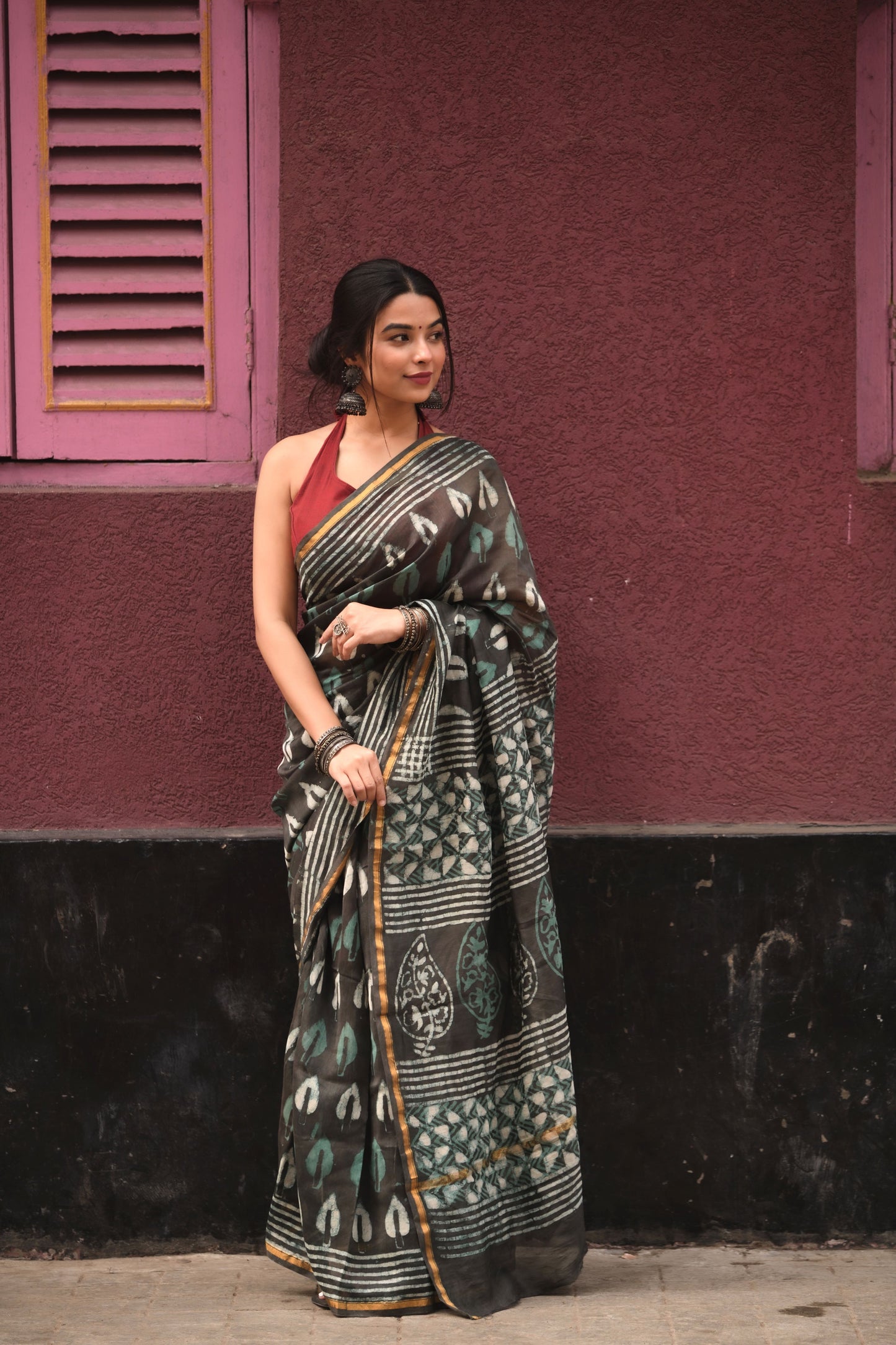 Grey & Green - Hand Block Print Chanderi Silk Bagru Saree