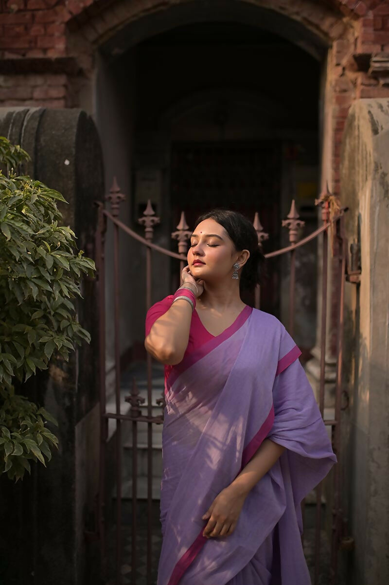 Pink Border Handwoven Mulmul Cotton Saree