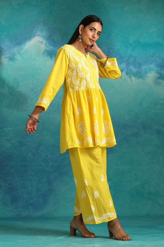 Sara Yellow Short Chikankari Anarkali Kurta Set