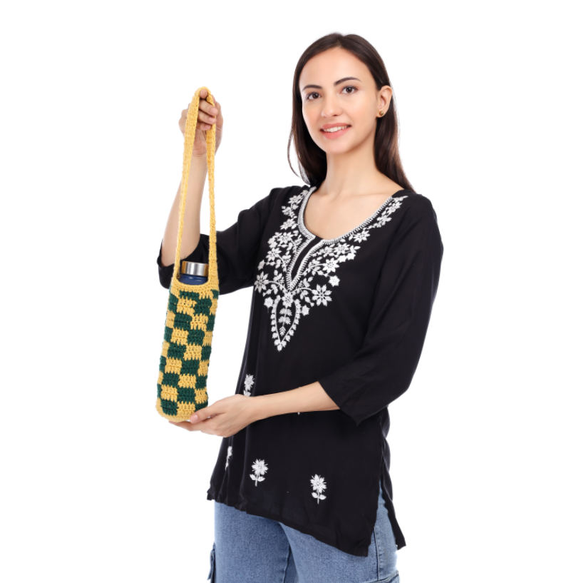 Checkered Crochet Water-Bottle Tote