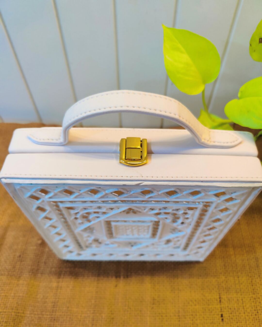 White Base Lippan Art Handcrafted Box Bag