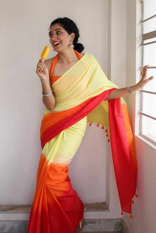 Sherbet Chic - Hand Dyed Mulmul Cotton Ready to Wear Pocket Saree