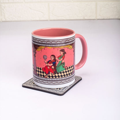 Shringaar Pattachitra Mug with Coaster - Pink