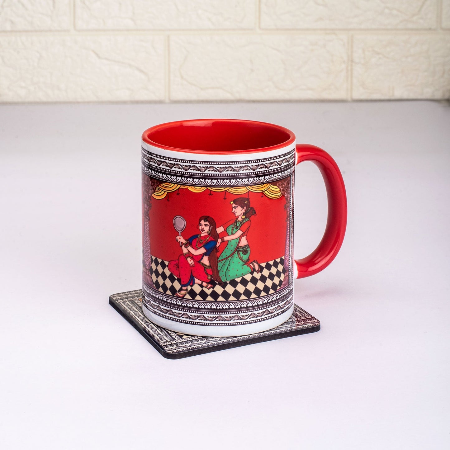 Shringaar Pattachitra Mug with Coaster - Red