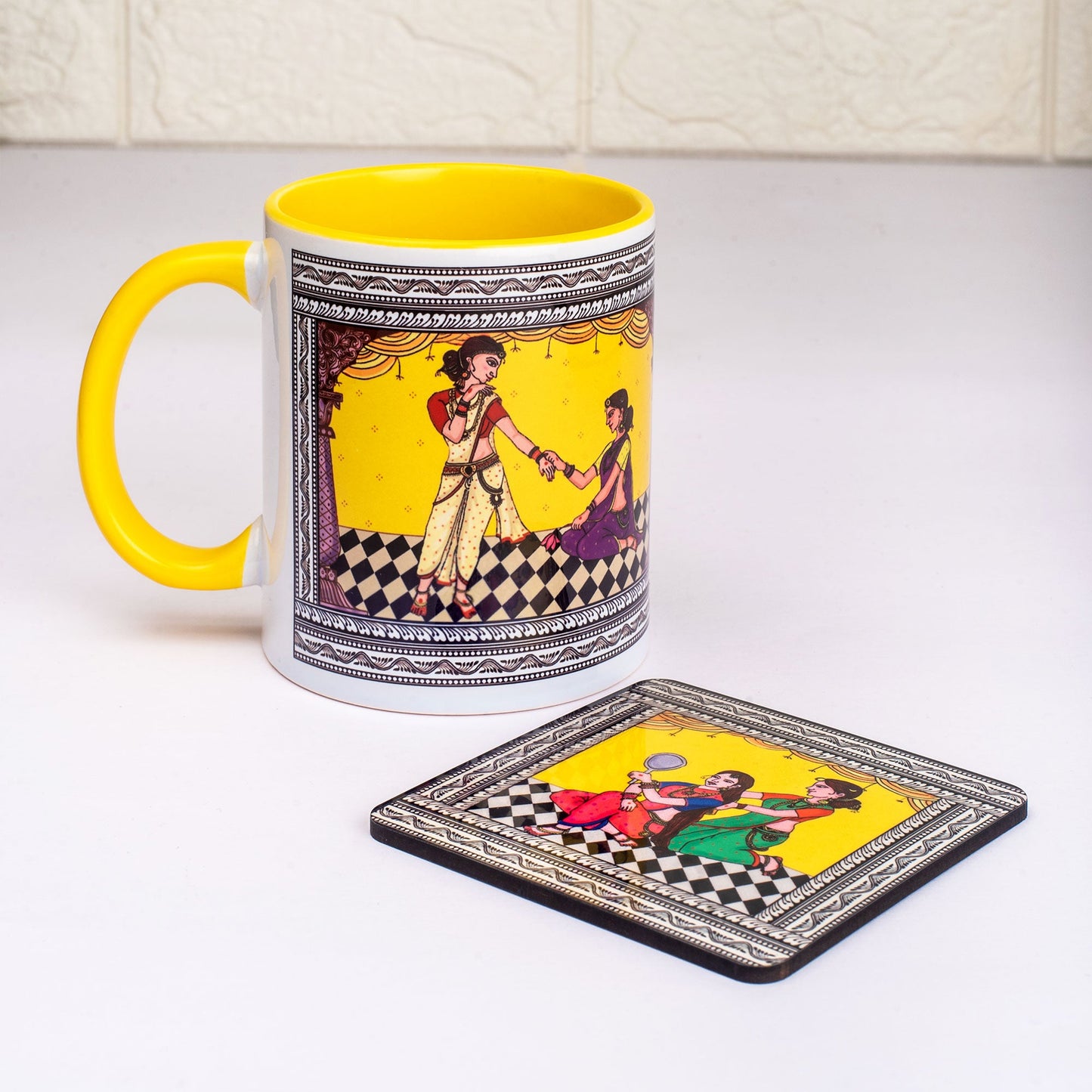 Shringaar Pattachitra Mug with Coaster - Yellow