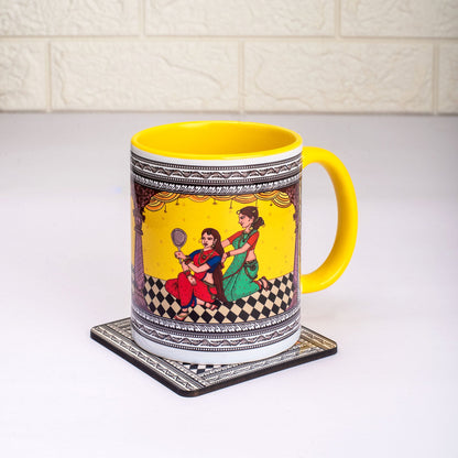 Shringaar Pattachitra Mug with Coaster - Yellow