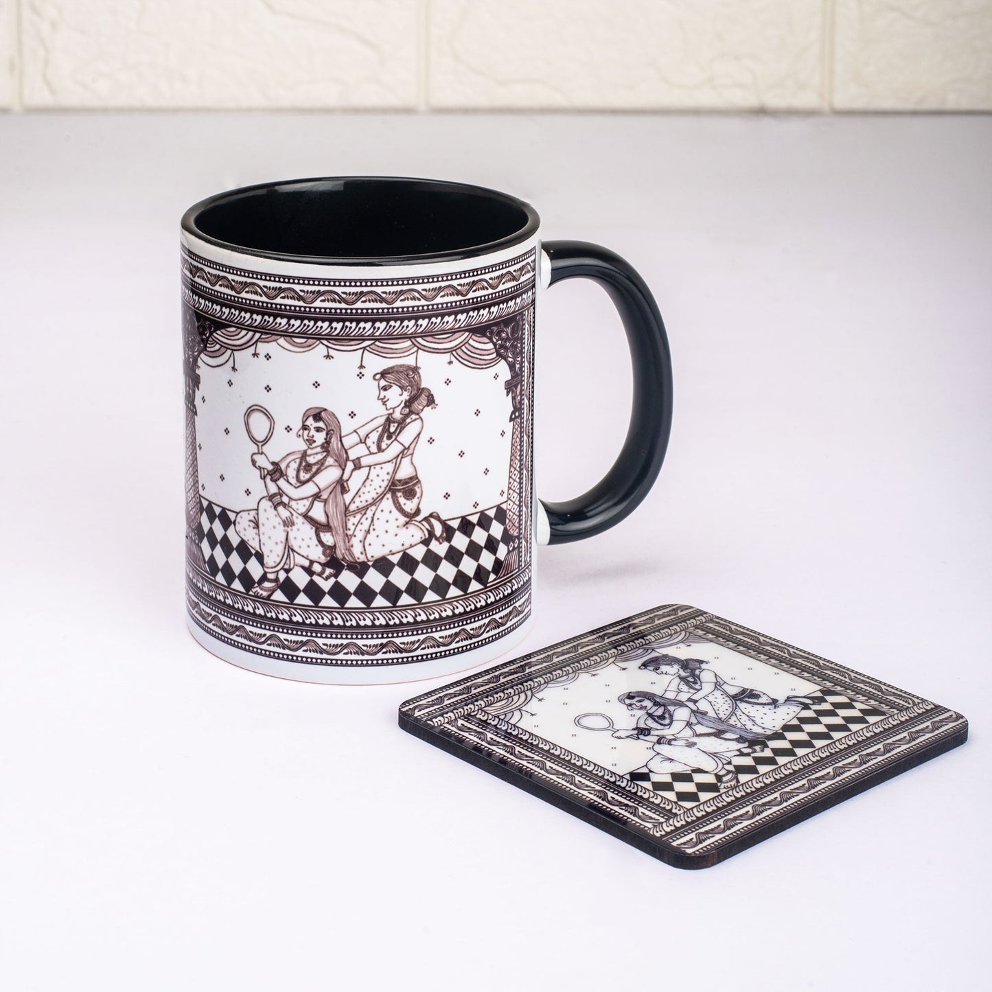 Shringaar Pattachitra Mug with Coaster - Black