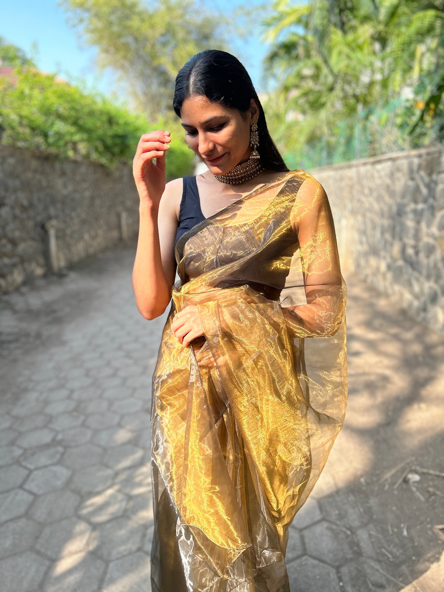 Glimmering Shadows Black-Gold Organza Saree