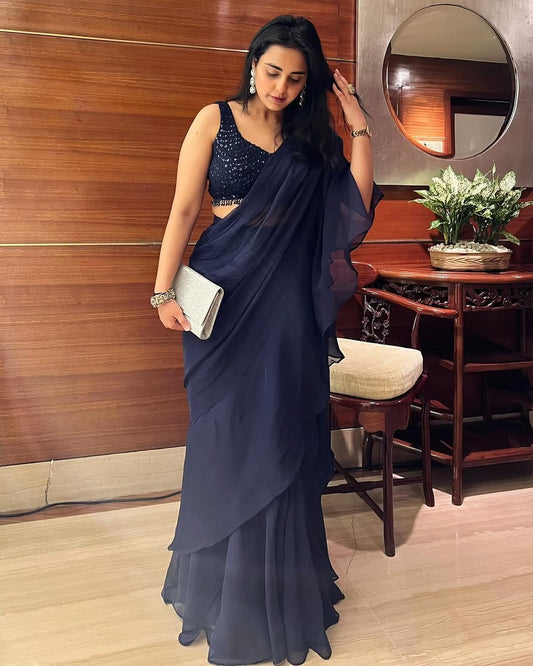 Navy Blue Ruffled Saree
