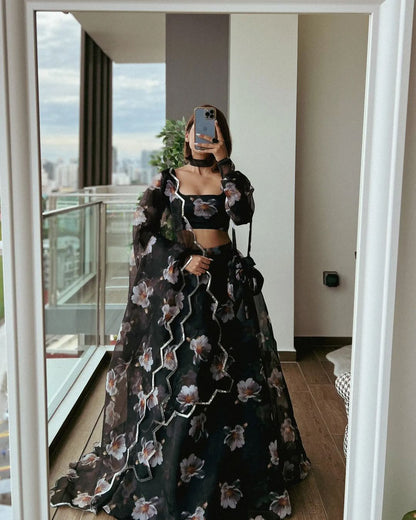 Black Floral Organza Lehenga