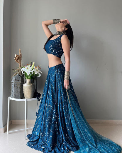 Teal Blue Mirror Work Lehenga Set