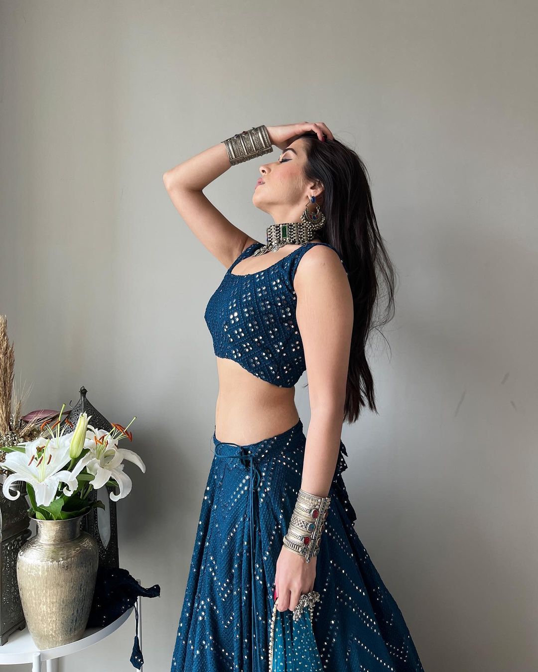 Teal Blue Mirror Work Lehenga Set