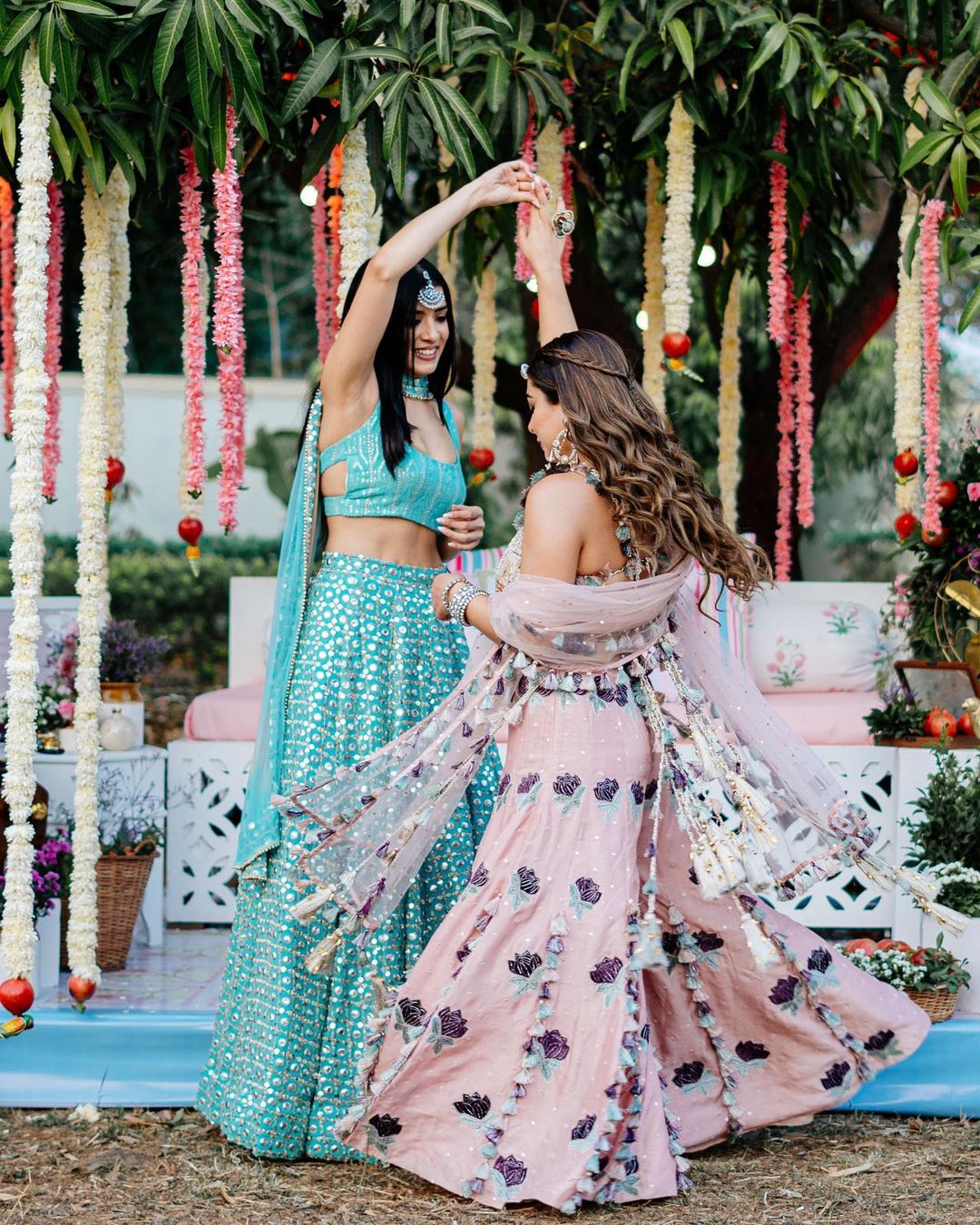 Blue Mirror And Chikankari Lehenga Set