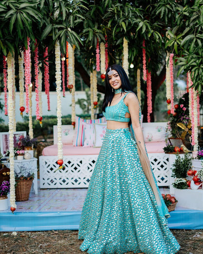 Blue Mirror And Chikankari Lehenga Set