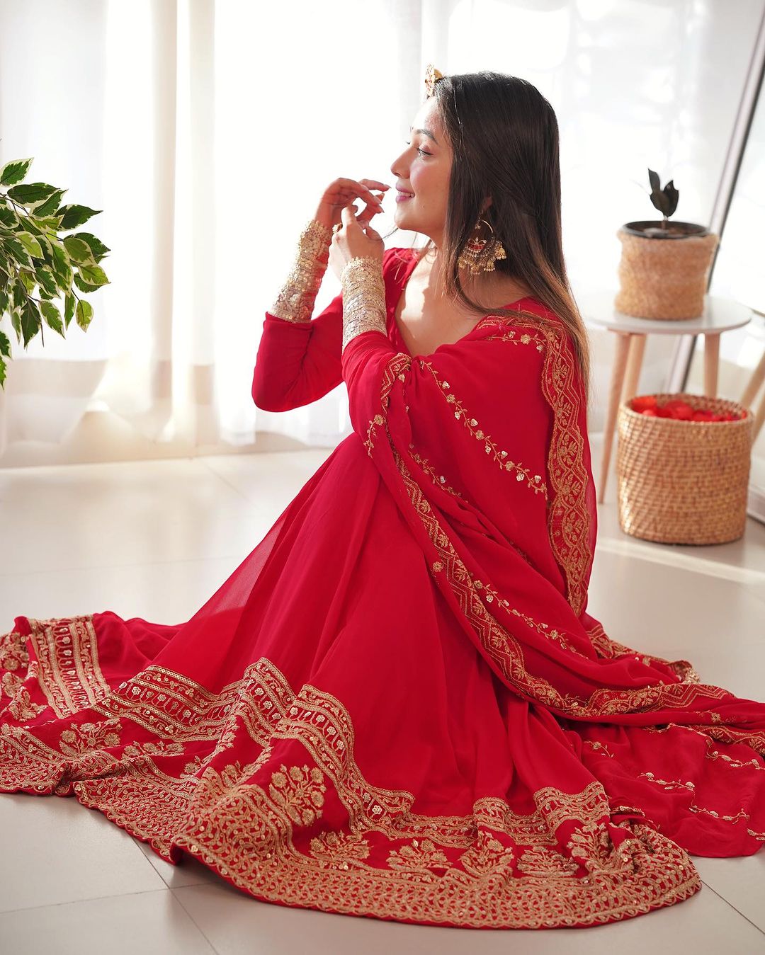 Elegant Red Anarkali Suit with Zari & Sequin Embroidery