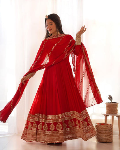 Elegant Red Anarkali Suit with Zari & Sequin Embroidery