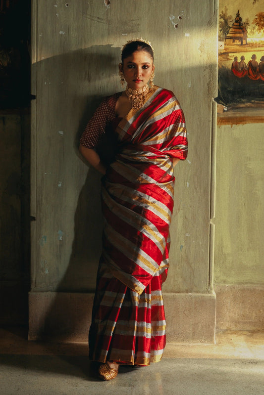Prathamika Multicolour Striped Handloom Tissue Saree